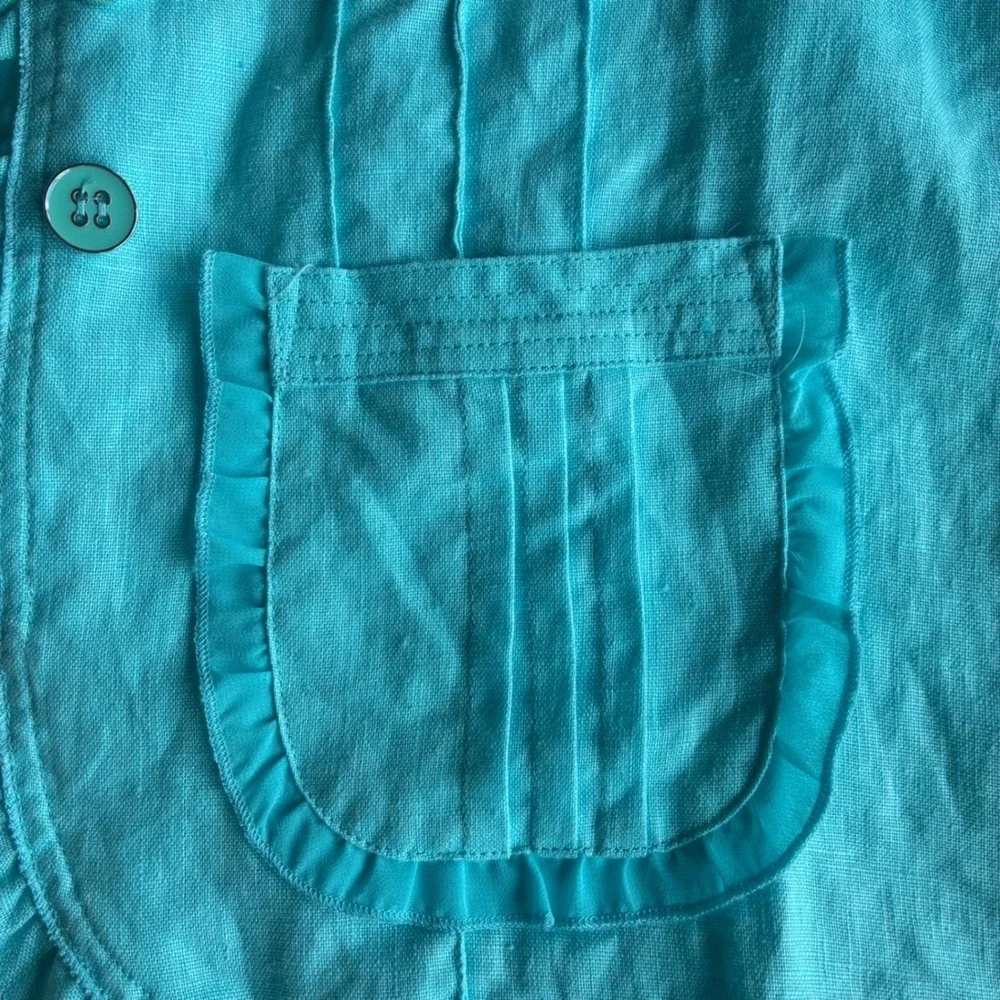 Open Coastal Grandma Open Front Linen Jacket PLg Turquoise Cottagecore BohoChic - Picture 5 of 11